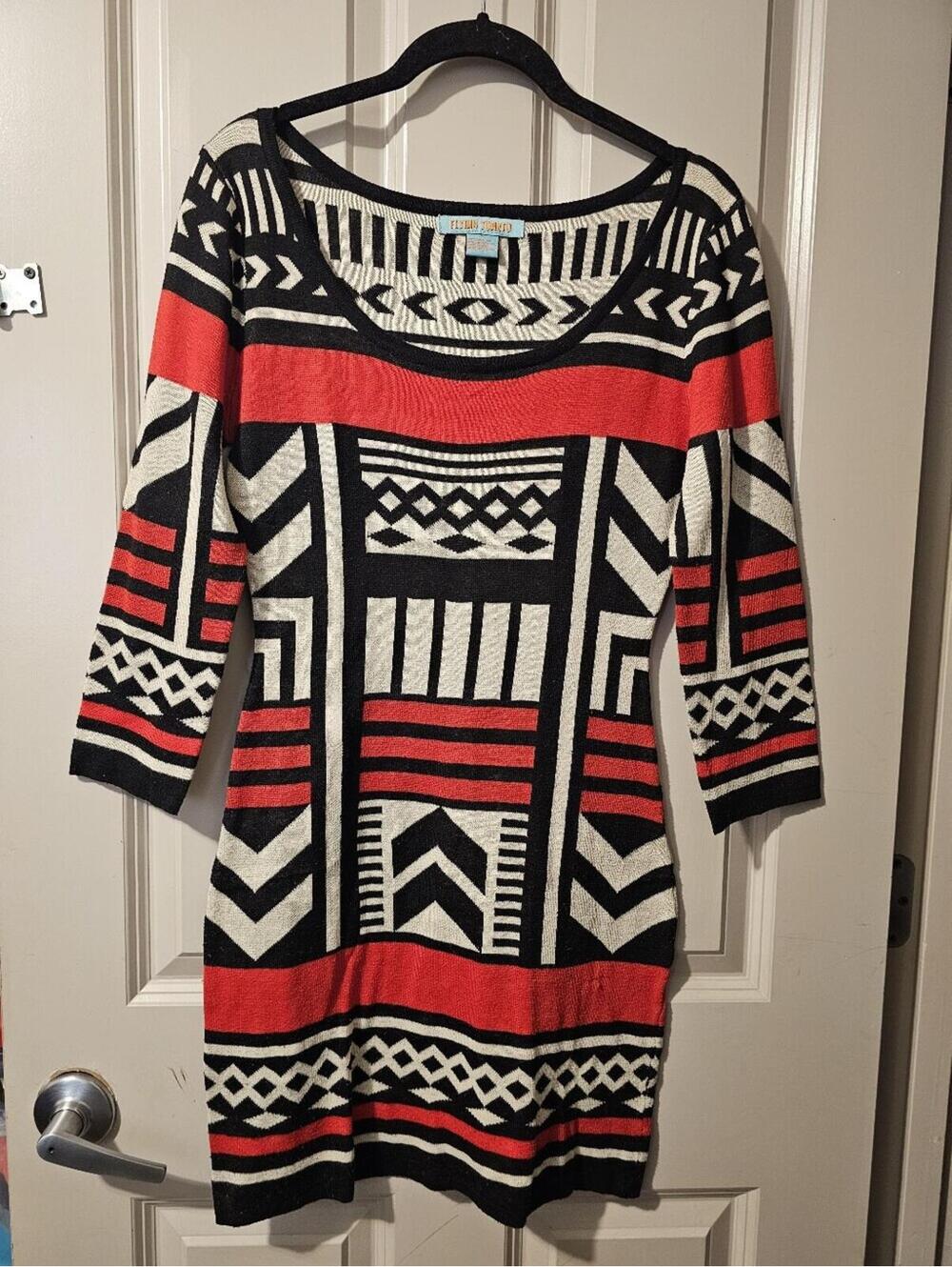 Flying Tomato Red Black Cream Geometric Sweater Dress S